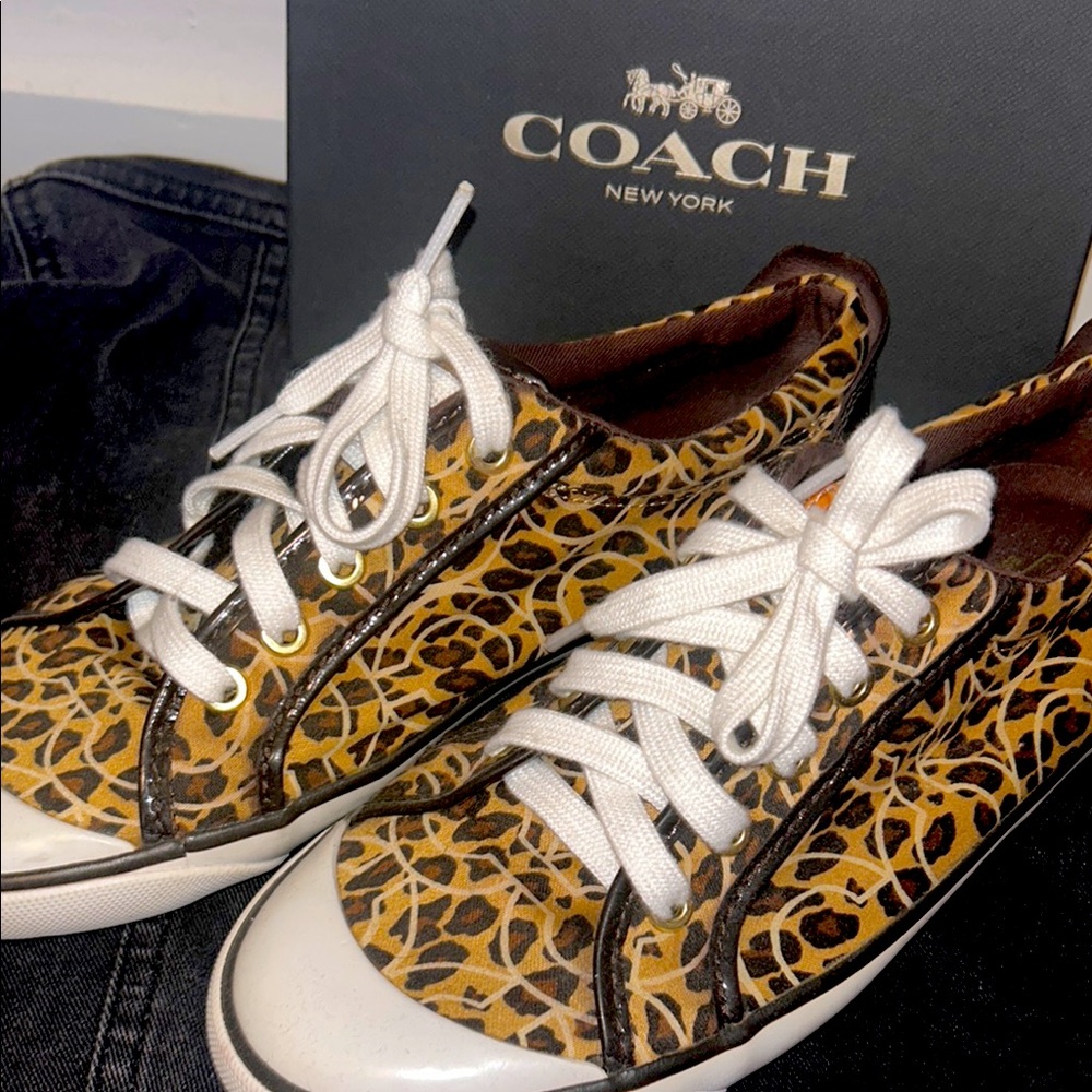 COACH Leopard Print Canvas Lace-Up Sneakers - Yellow/Brown